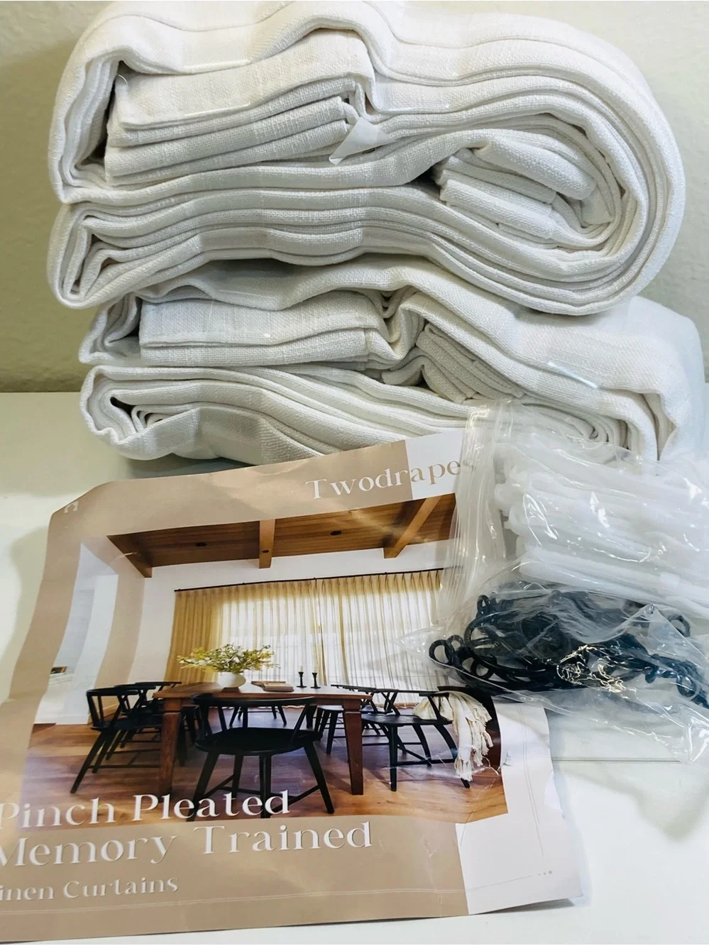 NEW Twodrapes White Pinch Pleated Linen Curtains Beige White 40” x 84” 2 Panels